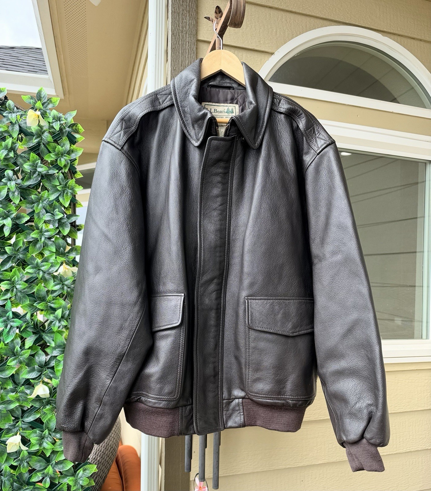 VTG LL Bean Goatskin Leather Bomber Jacket Dark Brown Size XL