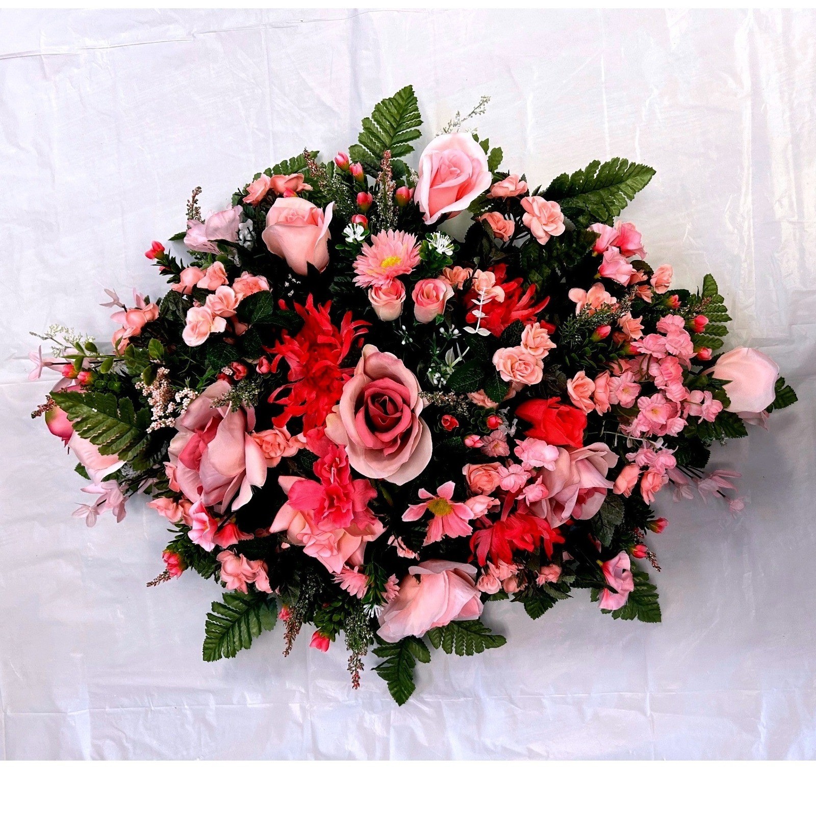 Pink Rose and Daisy Artificial Floral Cemetery Saddle Spray Arrangement 28in Pink Rose and Daisy Artificial Floral Cemetery Saddle Spray Arrangement 28in
