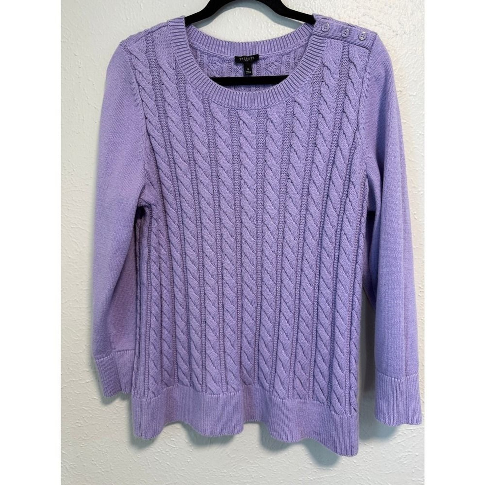 Talbots Plus Lavender Cable Knit Button Shoulder Sweater 1X Purple Pullover