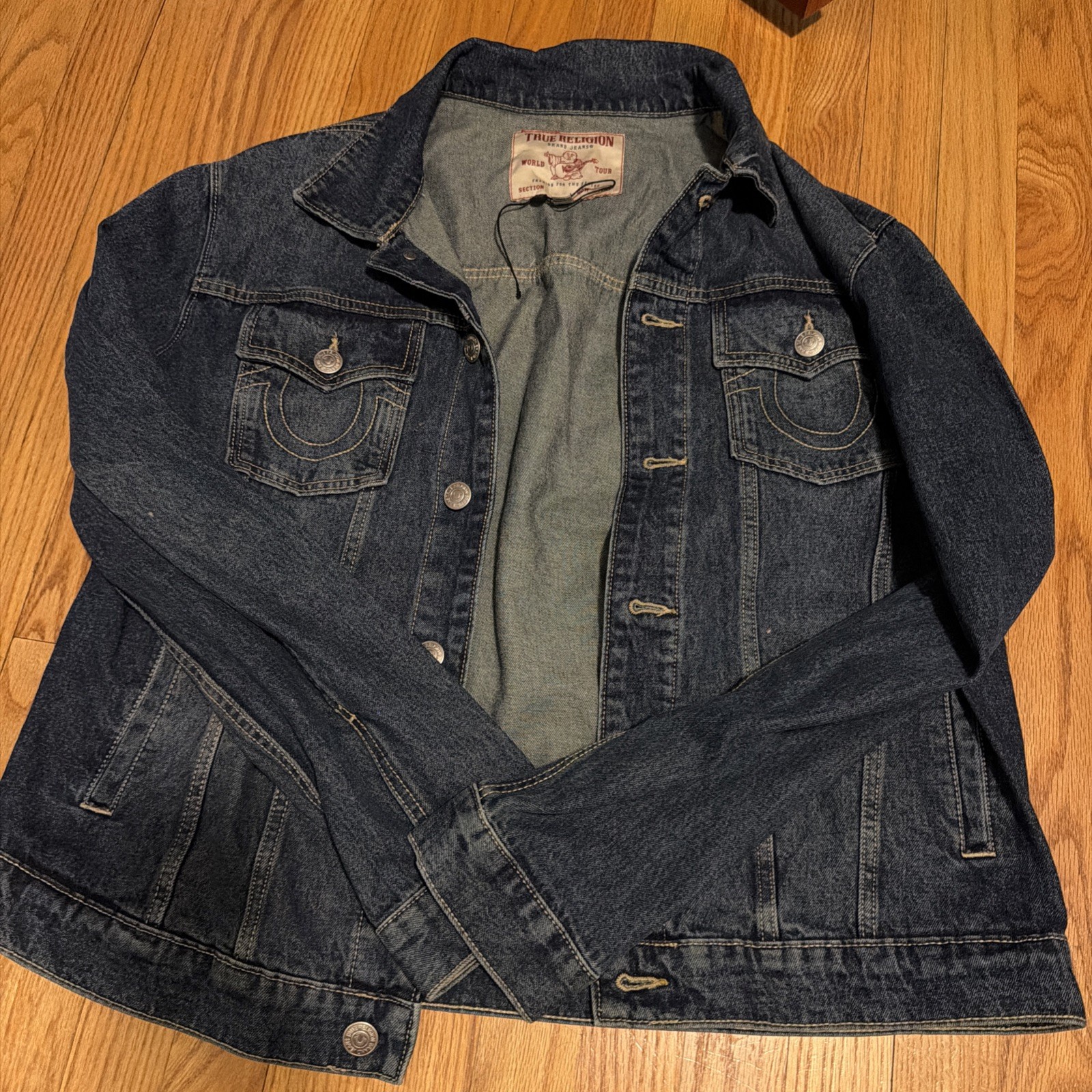 VTG True Religion Jimmy Big QT Denim Jacket XL EUC Y2K Yellow Stitching Blue