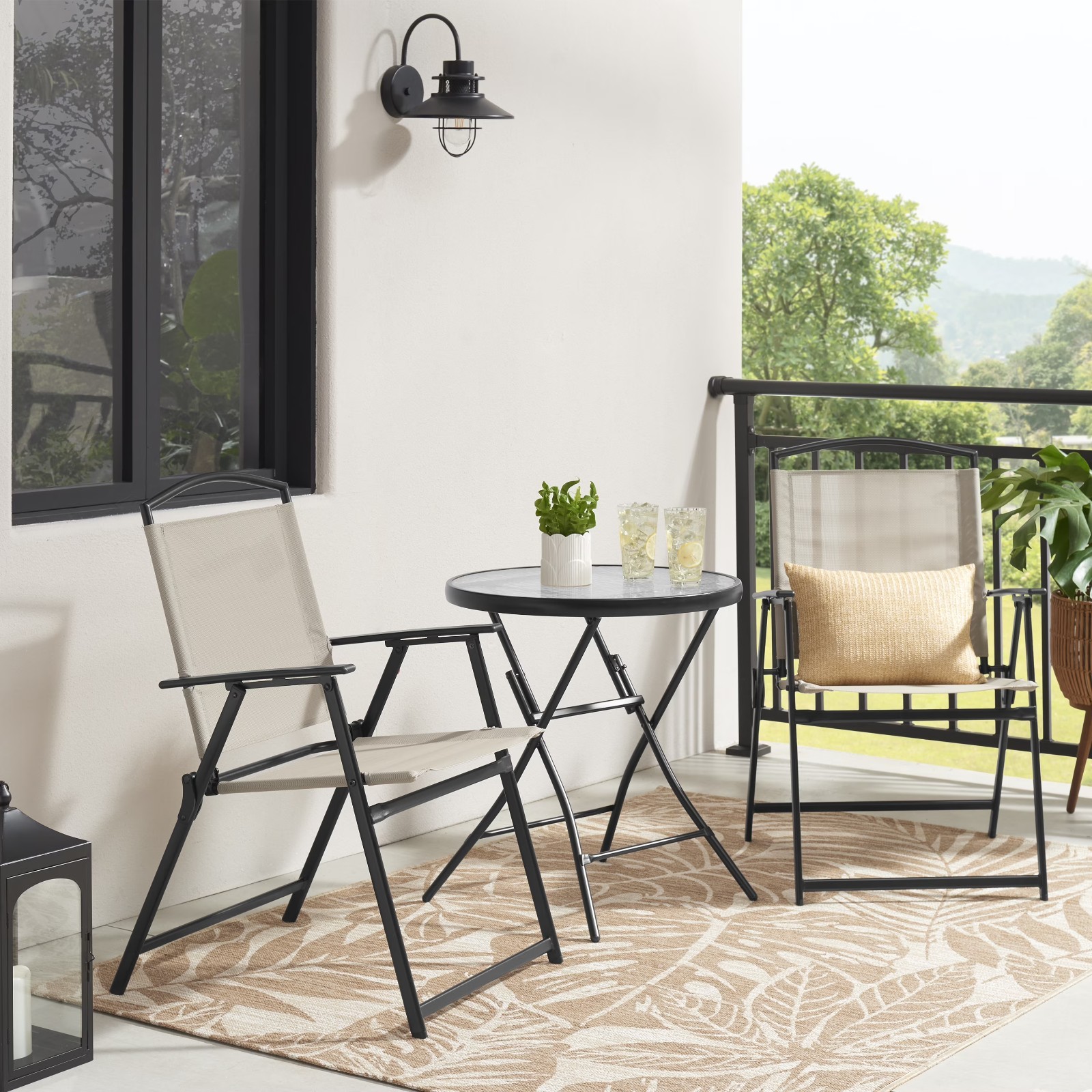 Mainstays Albany Lane 3-Piece Outdoor Bistro Set Folding Chairs&Glass Table, Tan