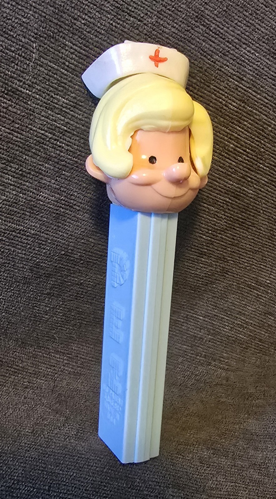 Vintage BLONDE NURSE - PEZ Dispenser - No Feet US Pat 3.8 Light Blue Base (USA)