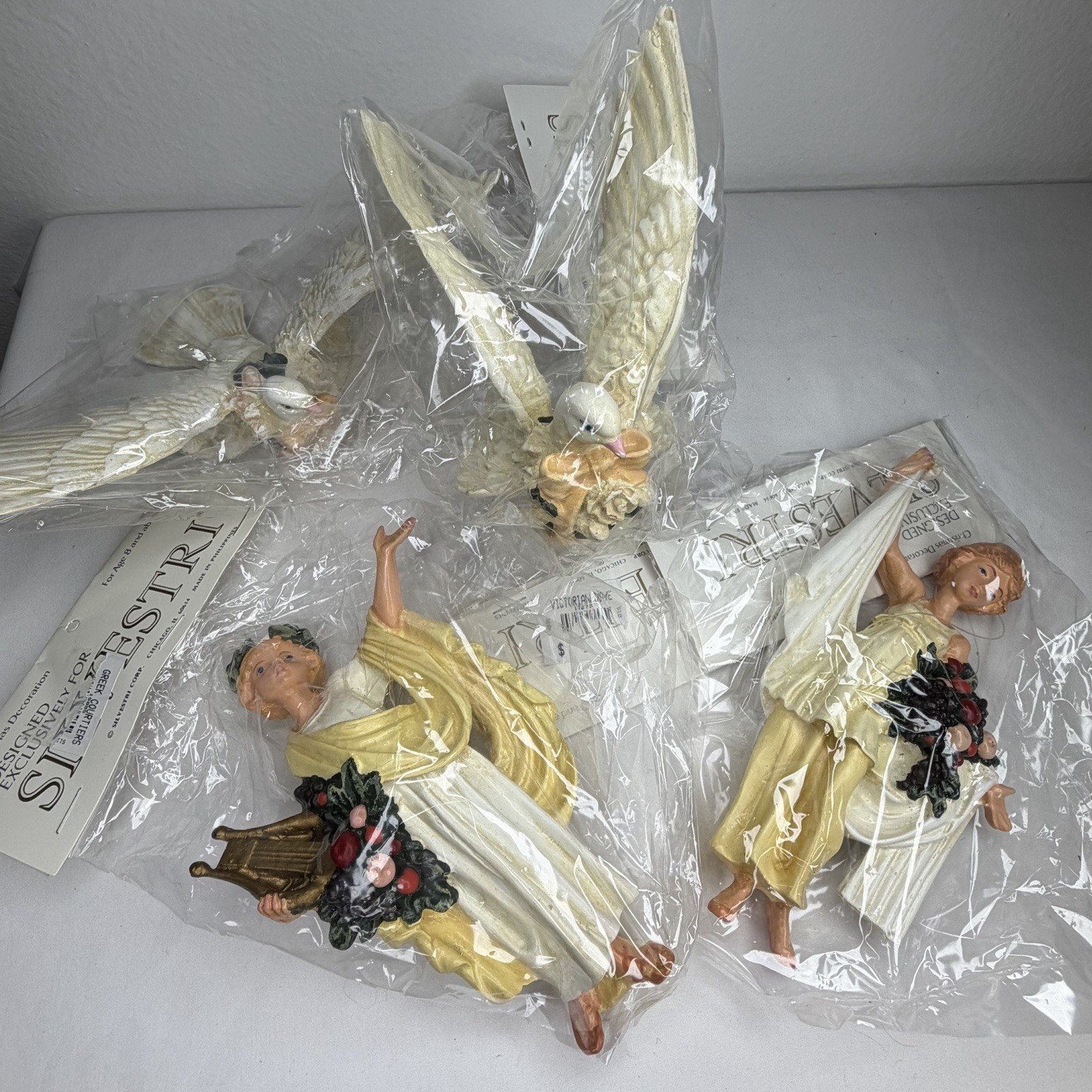 Lot Of 4 Vintage Silvestri Resin Dove & Angel Christmas Ornaments Rare NIP 1980s