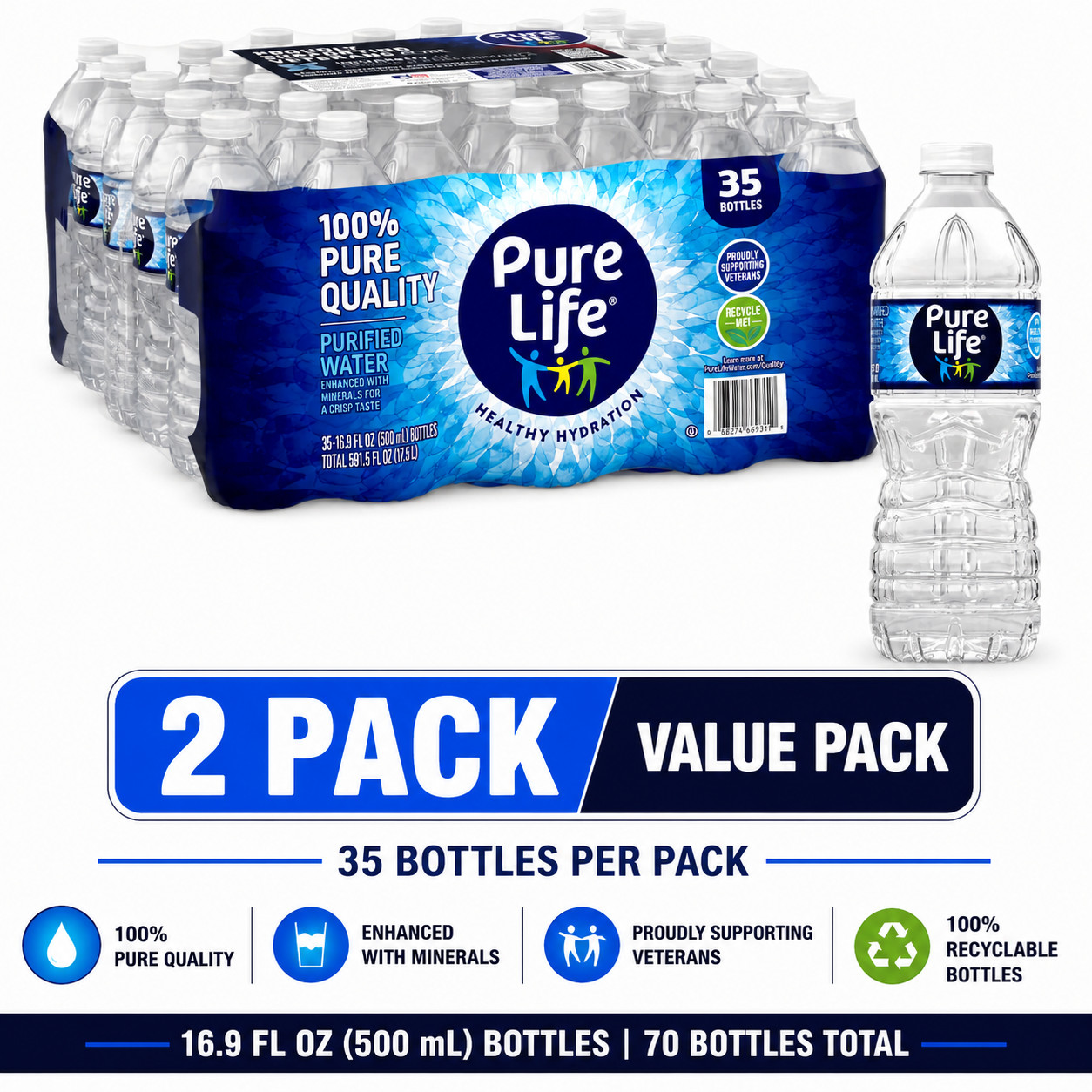 2 Pack Pure Life Purified Bottled Water 16.9 fl oz 35 Count 70 Bottles Total