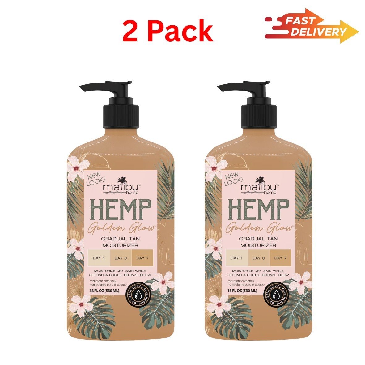 2Pack Malibu Hemp Golden Glow Gradual Tan Moisturizer Dry Skin & Bronzing 18oz