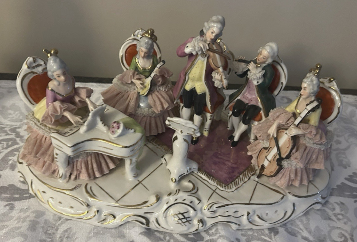 Large Estate Vintage Dresden  Lace Orchestra figurines