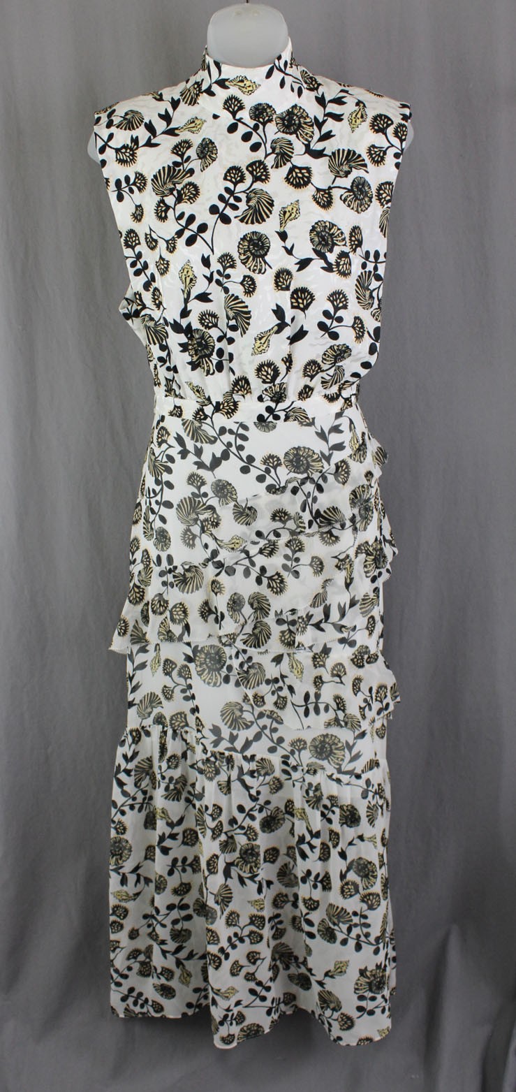 Saloni NWT Women\'s Black White Beige Print 100% Silk Fleur Ruffle Dress Size 14