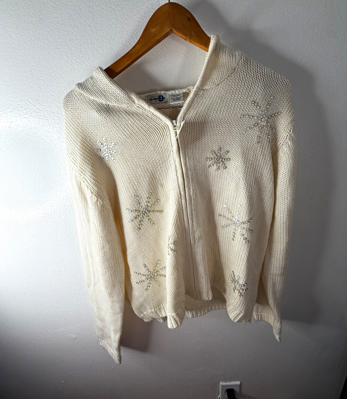 Vintage Paul Harris Cream Knit Snowflake Sequin Zip Up Hooded Sweater