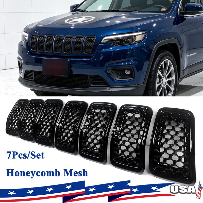7Pcs Set Honeycomb Front Mesh Grille Inserts For Jeep Cherokee 2019+ Gloss Black