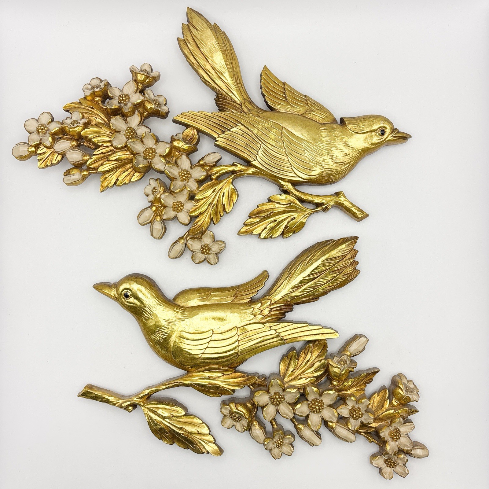 Vintage | MCM Syroco Gold Bird | Dogwood | Flowers | Branch Wall Decor Plaques