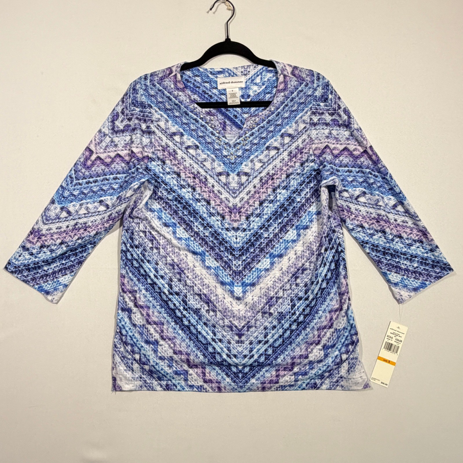 NWT Alfred Dunner Shirt S Blue Purple Geometric Beaded Boho Womens Top