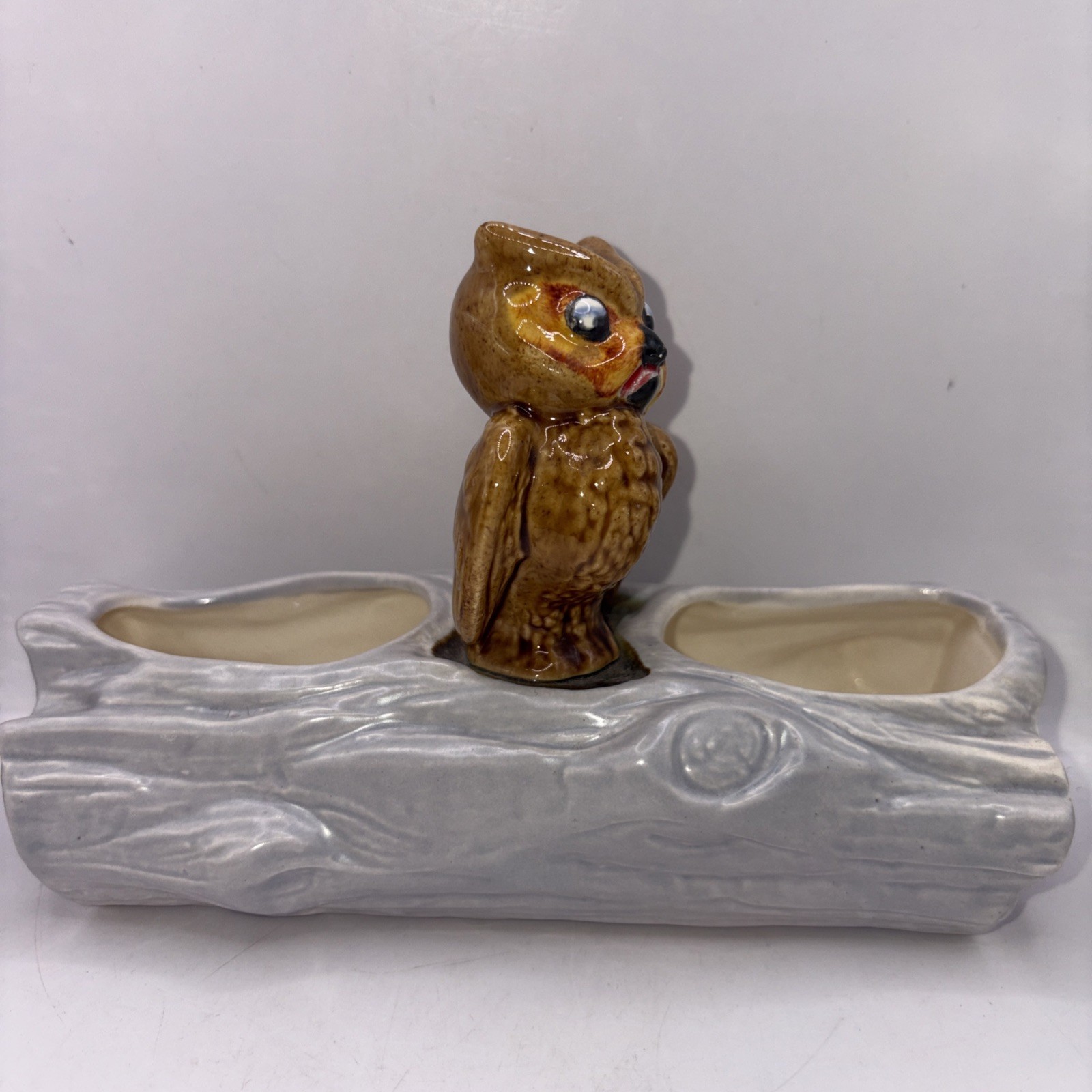 Vintage Robert Simmons Ceramics Owl on Log Planter Los Angeles CA Pottery MCM
