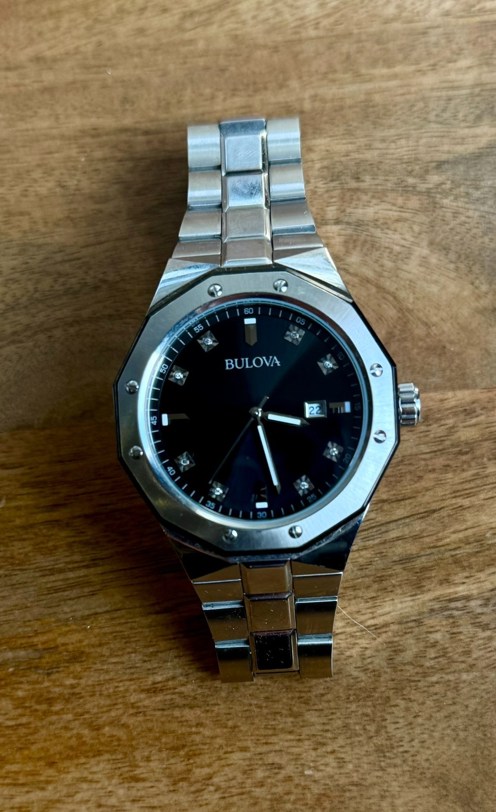 Bulova Marine Star 98D103 Mens Black Diamond Dial Stainless Steel Watch Used