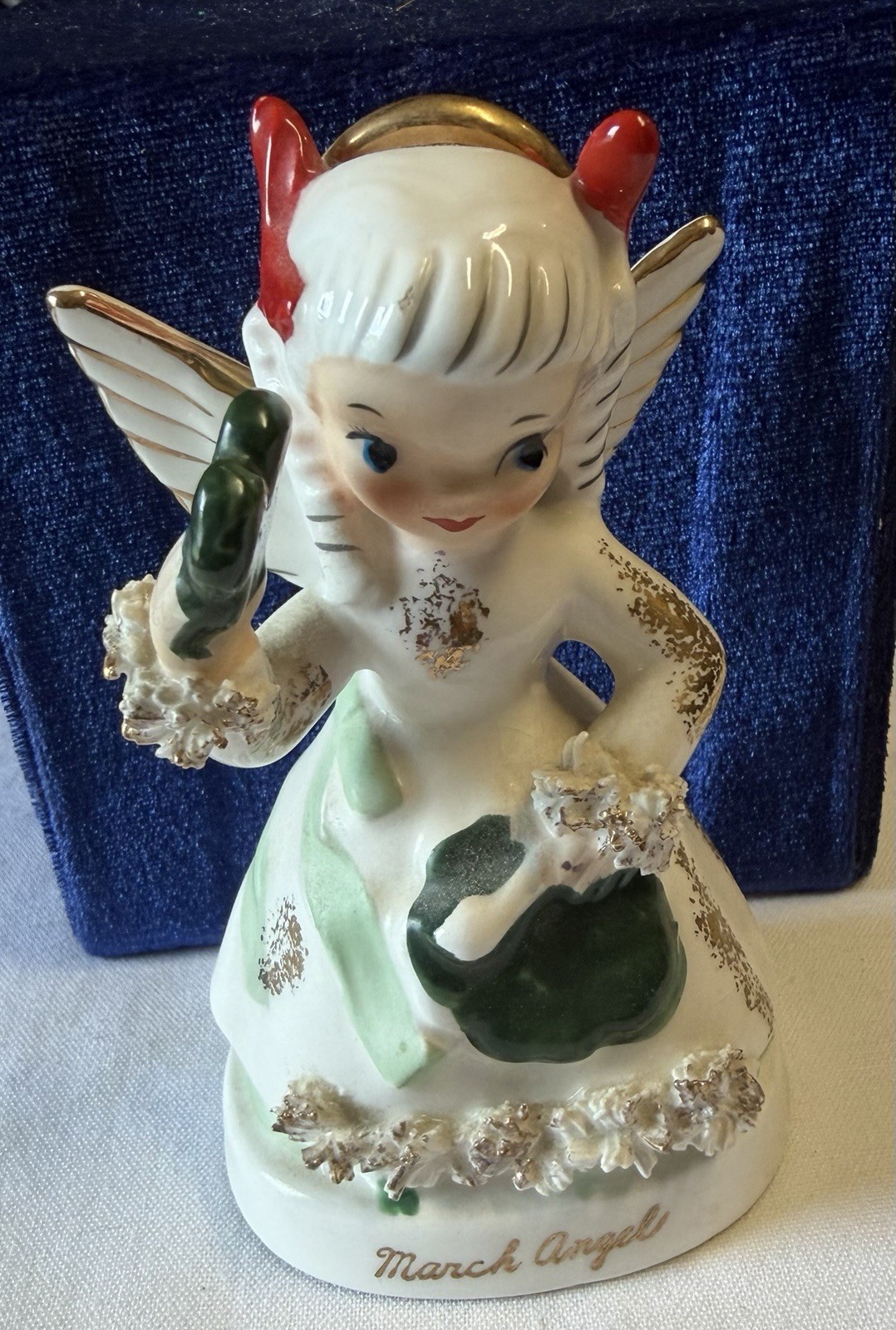 Vintage Napco March Birthday Girl Angel Shamrock Spaghetti St Patrick Figurine Vintage Napco March Birthday Girl Angel Shamrock Spaghetti St Patrick Figurine