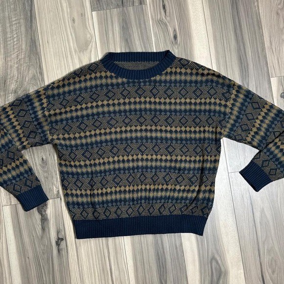 SHEIN Curve Fair Isle Knit Sweater Navy Blue Tan Geometric Diamond Pullover 0XL
