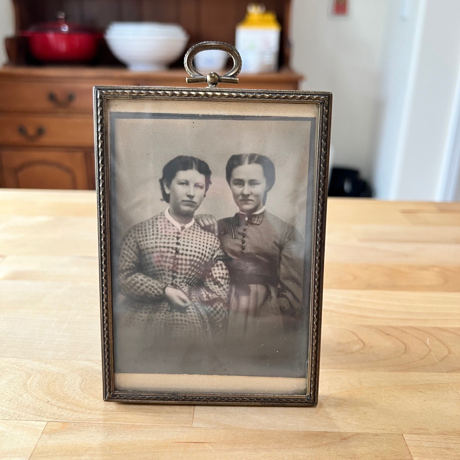 Antique 1860s Tintype Photo Two Women Boarding School CT Brass Frame Identified Antique 1860s Tintype Photo Two Women Boarding School CT Brass Frame Identified