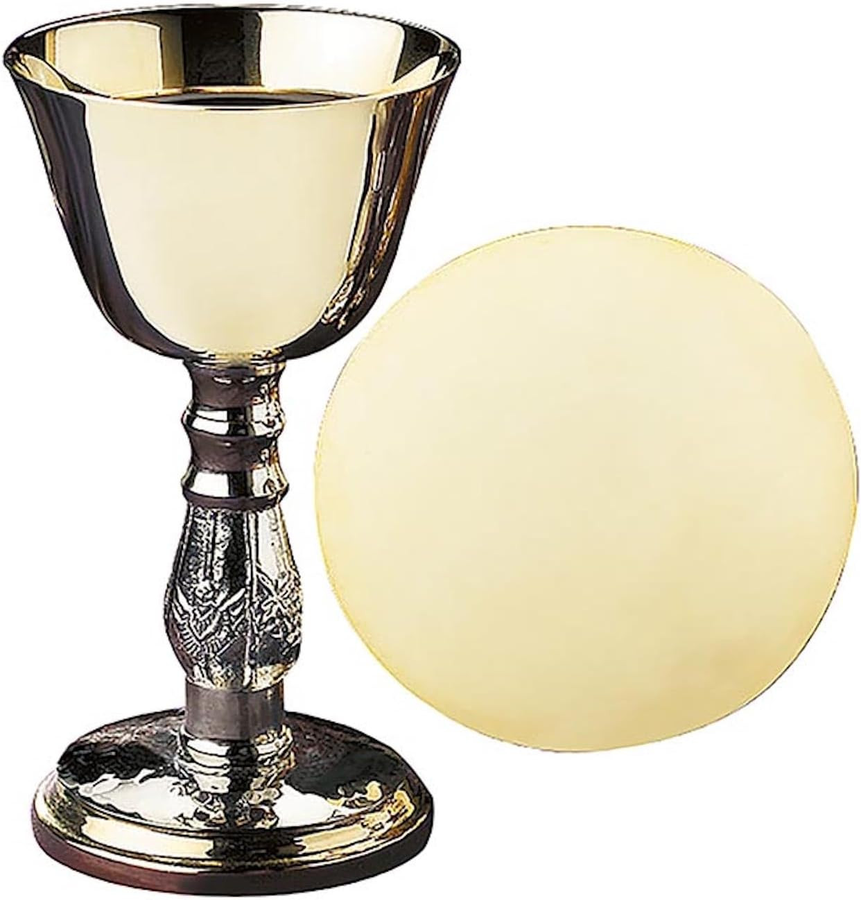Church Gold Plated Brass Chalice & Paten, 5 Ounce, 2 Tone Antique Silver Church Gold Plated Brass Chalice & Paten, 5 Ounce, 2 Tone Antique Silver