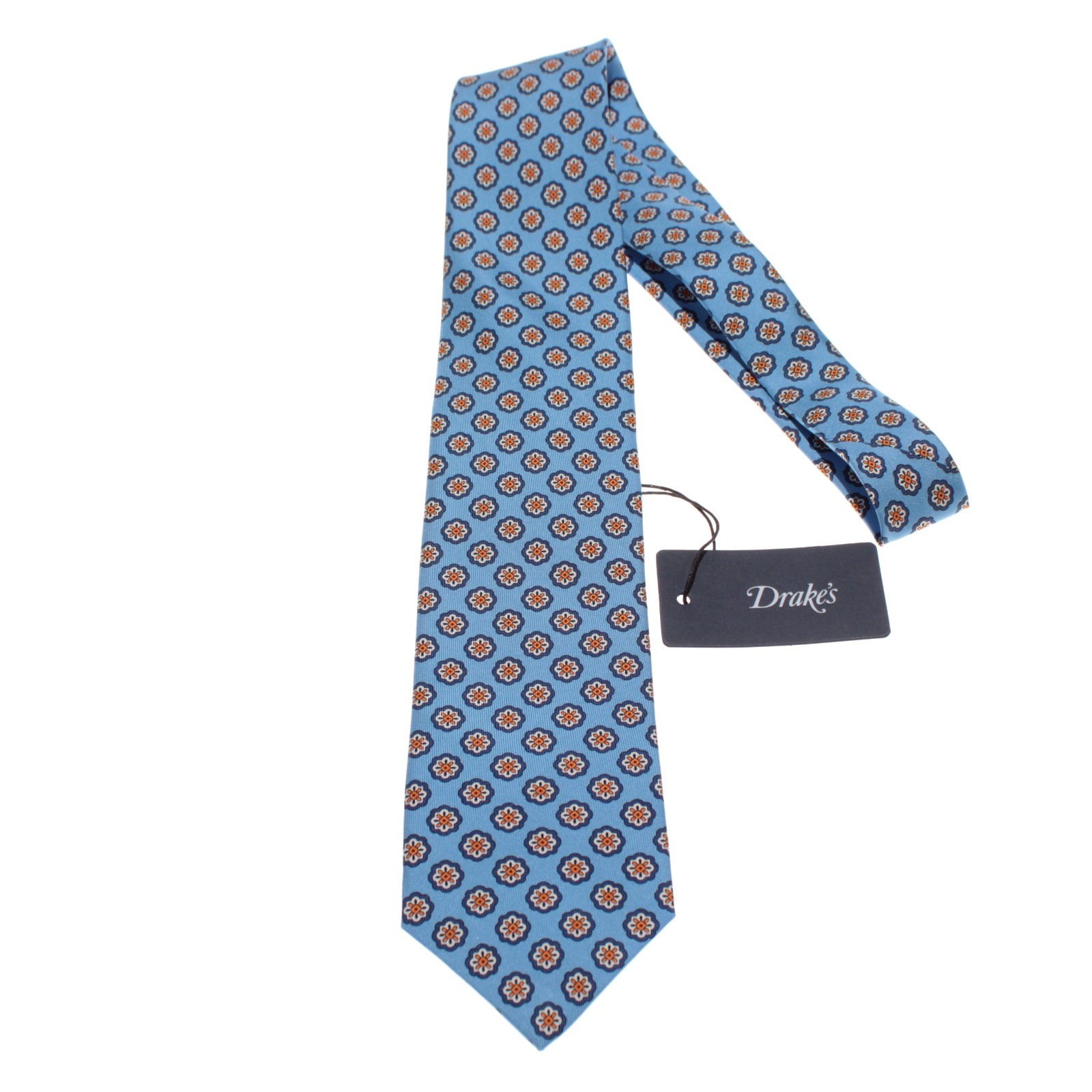 Drake\'s NWT Neck Tie in Blue & Orange Geometric Print 100% Silk Made in England