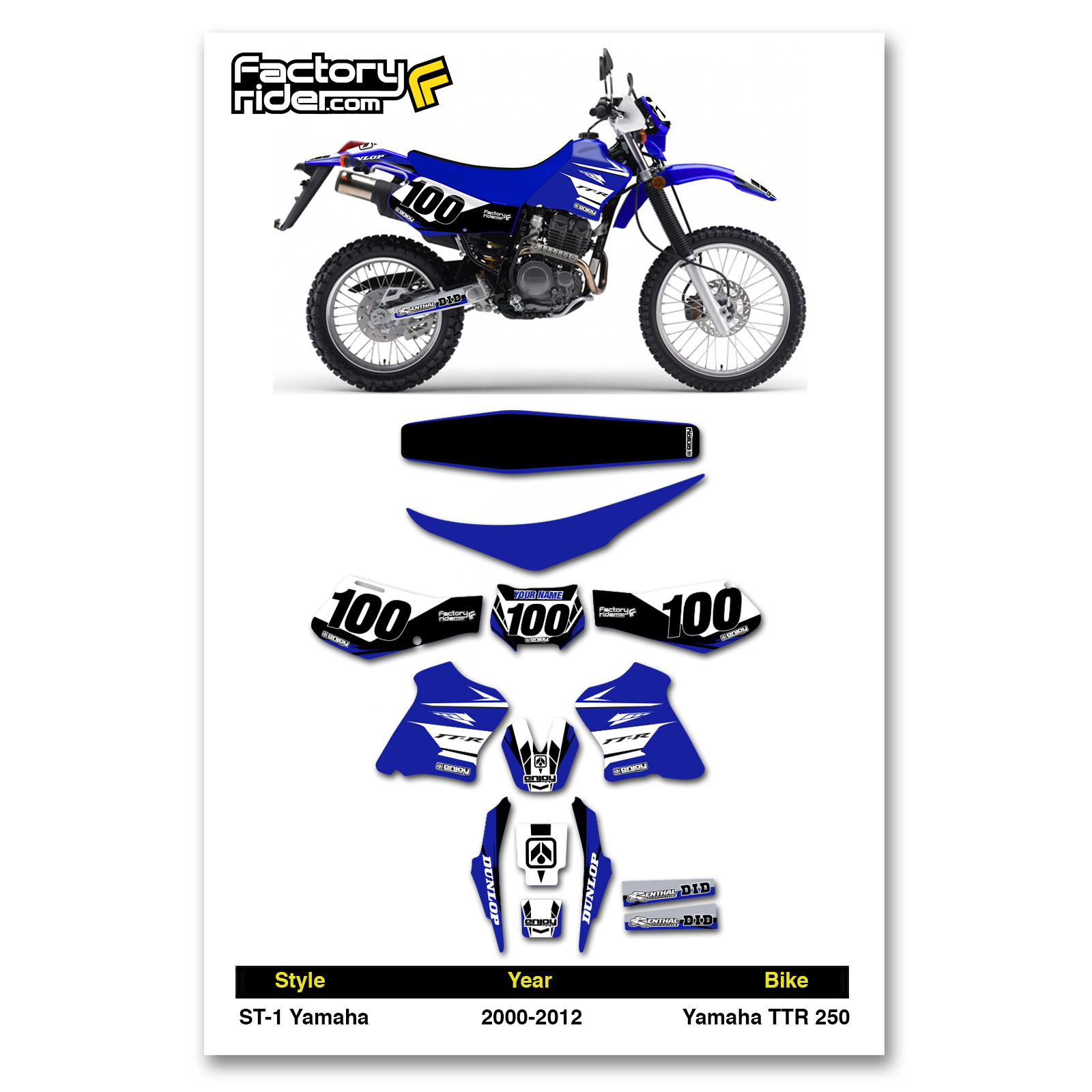 2000-2012 YAMAHA TTR 250 Graphics Kit & Seat Cover - MSG US with NAME & NUMBER