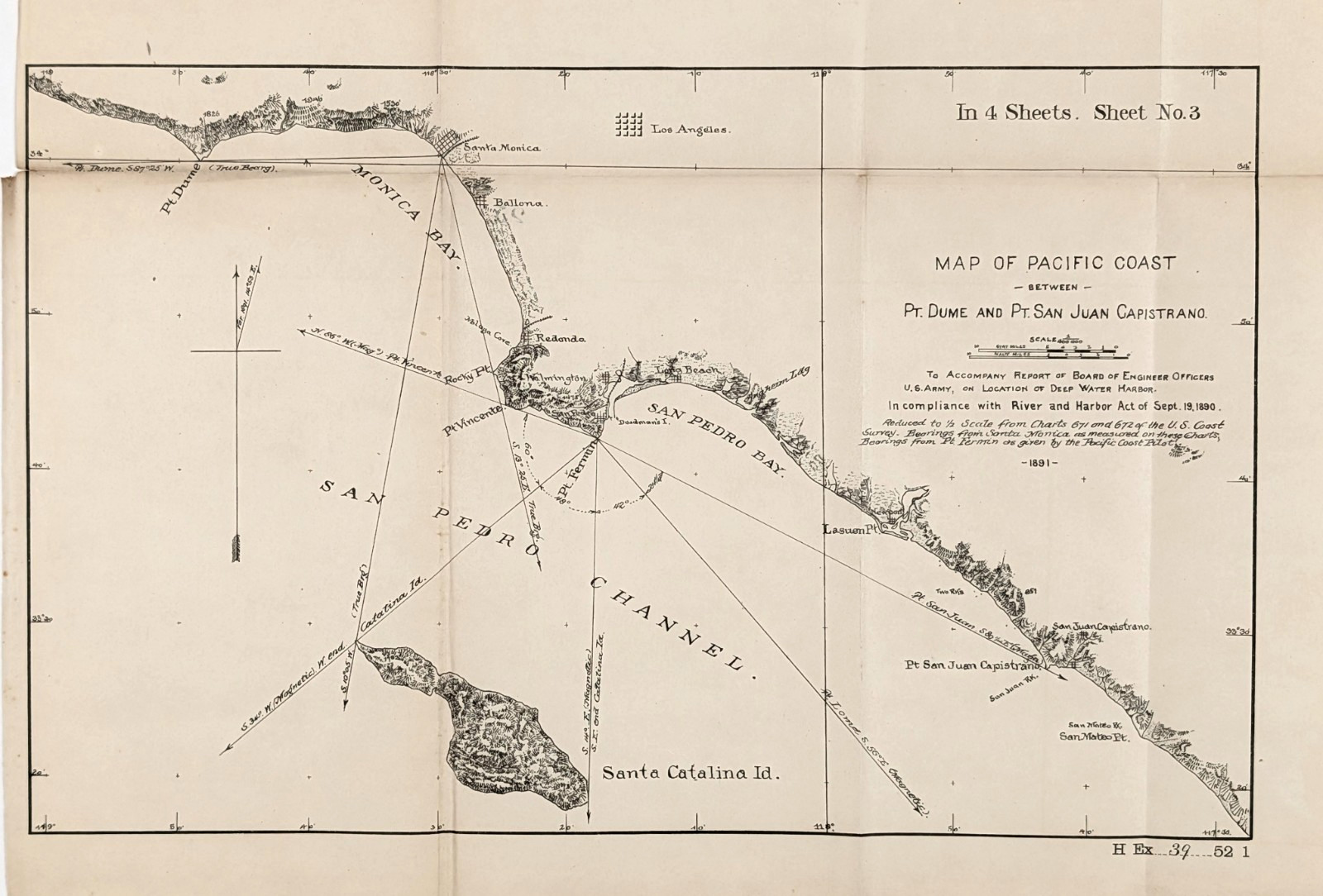 1891 SAN PEDRO BAY - CALIFORNIA Map Santa Monica - Long Beach ORIGINAL