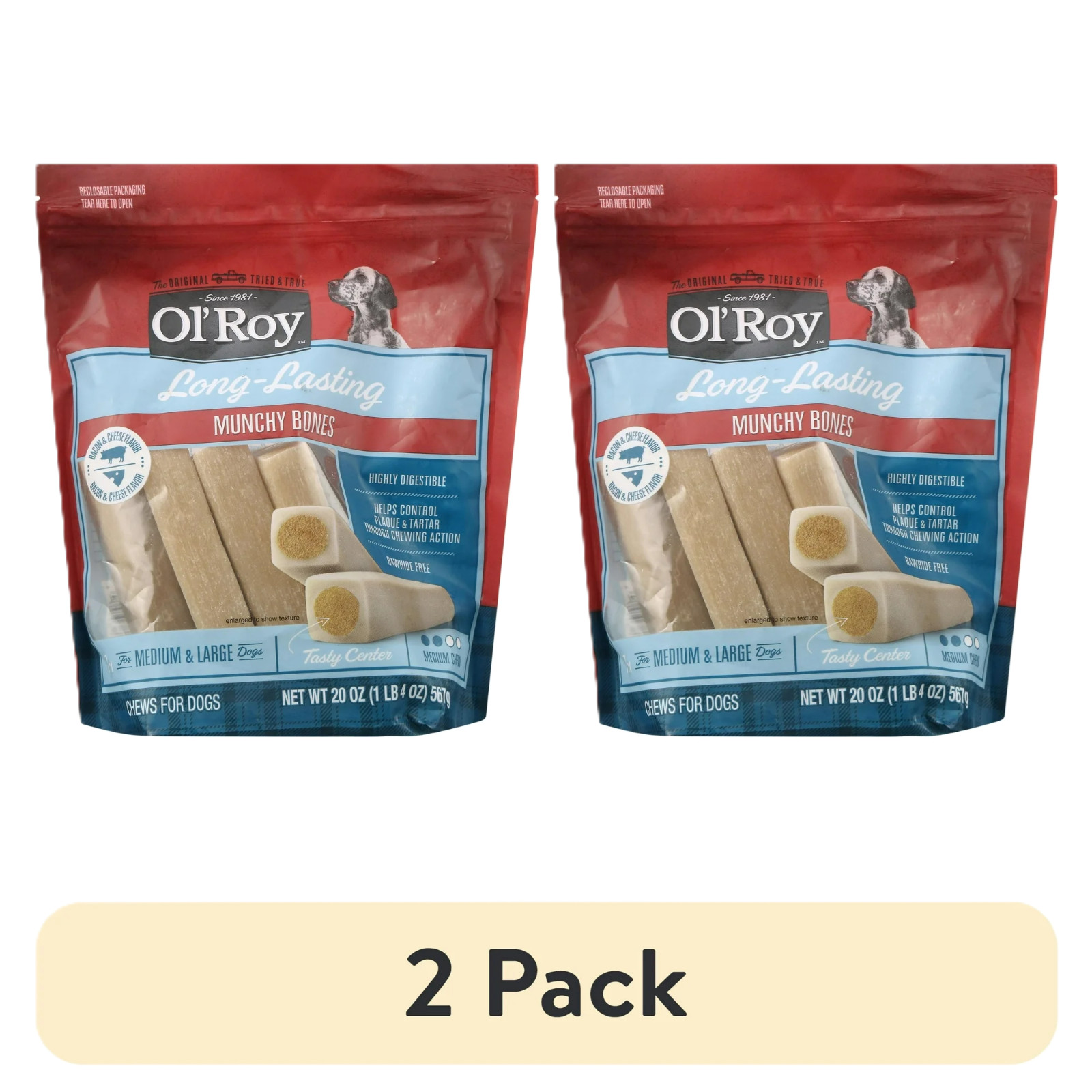 (2 pack) Ol' Roy Munchy Bone Dog Treats, Bacon and Cheese Flavor, 20 oz, 7 Count