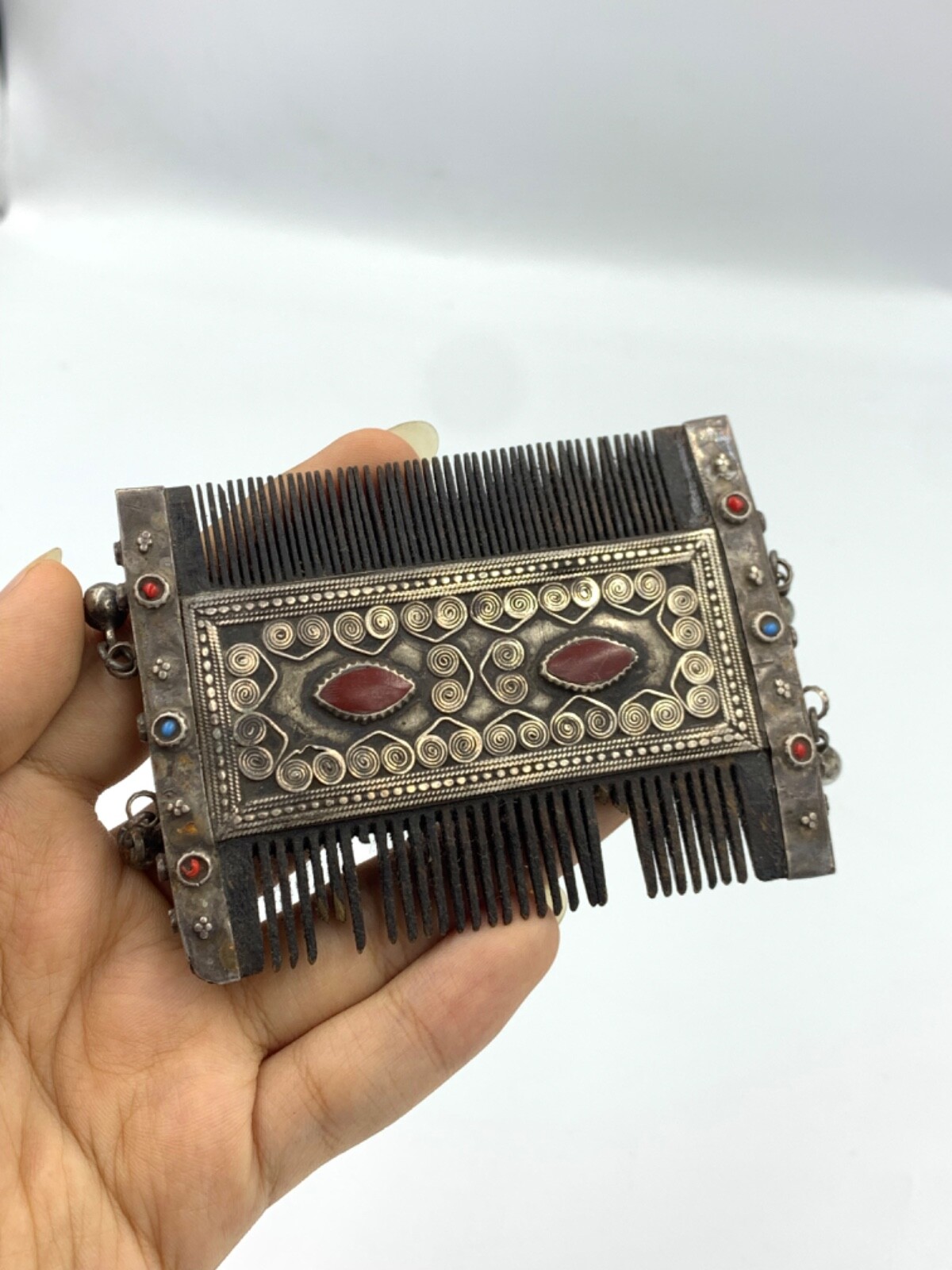 Antique Roman old silver  hair brush with stone rare unique
