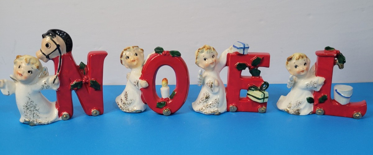 Vintage Napco Japan Ceramic Christmas Angel NOEL Ornament Set Letters RARE Vintage Napco Japan Ceramic Christmas Angel NOEL Ornament Set Letters RARE