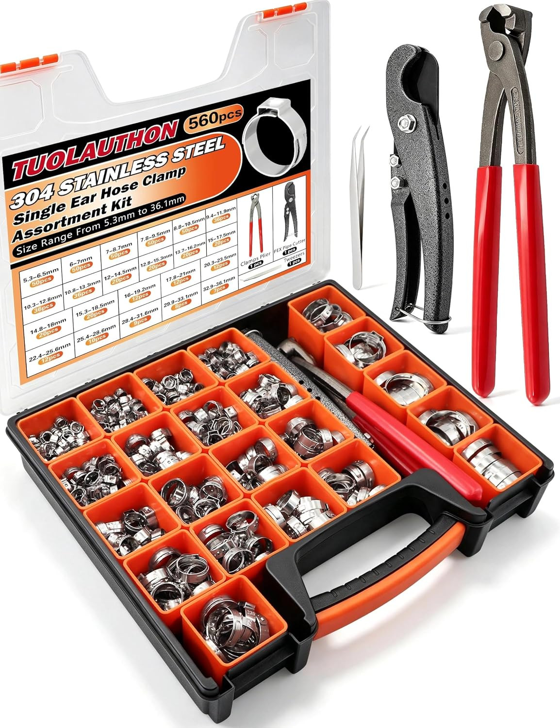 560PCS 22 Sizes Single Ear Hose Clamp Assortment Kit, 5.3 to 36.1Mm 304 Stainles