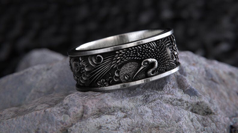 Handcrafted Sterling Silver Peacock Ring– Ornate Floral Men's Jewelry Band Ring