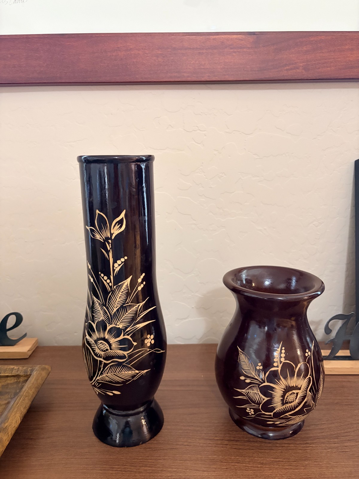 Vintage Hand Carved Wood Vase Set Pair 12