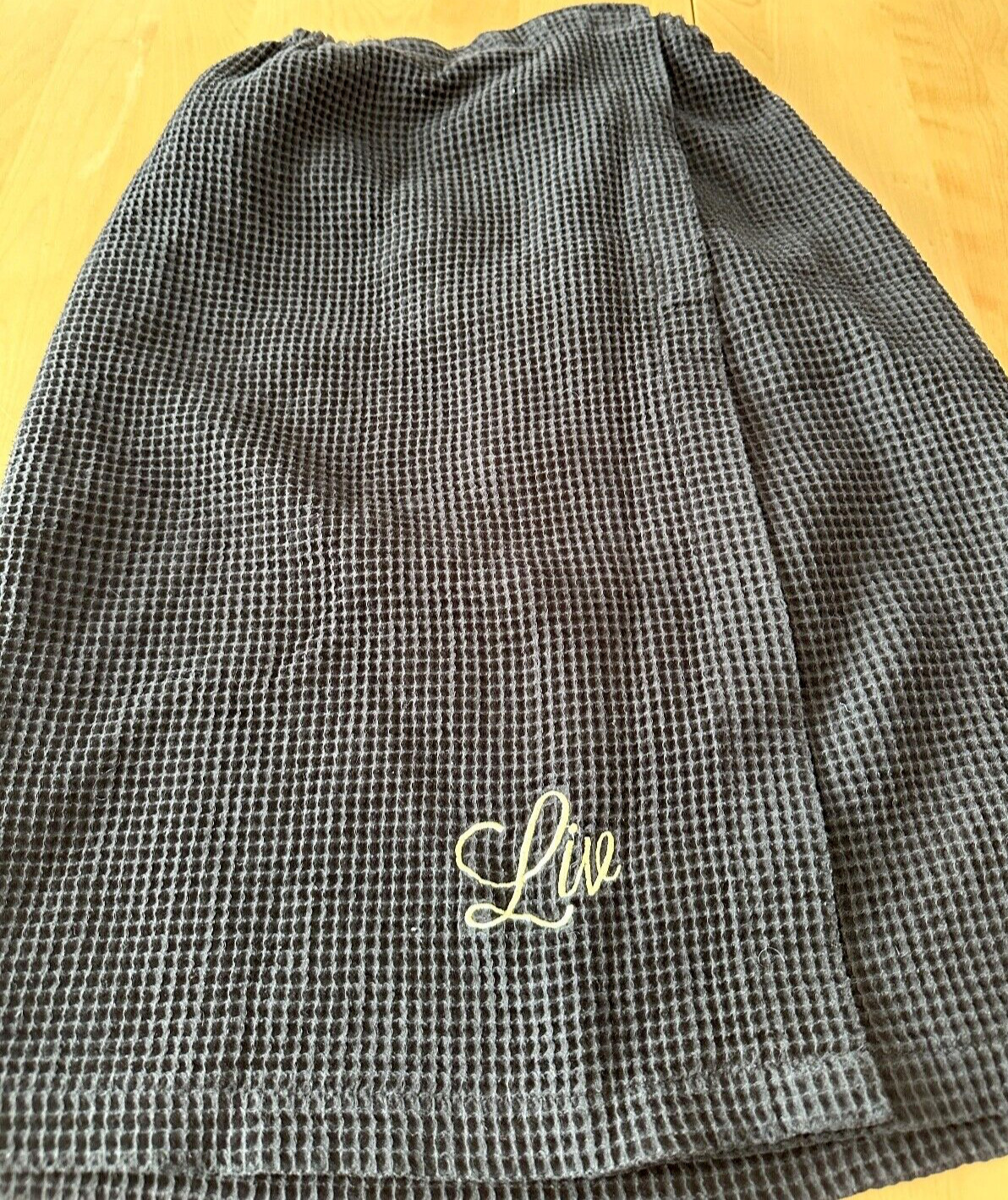 TERRYTOWN WAFFLE TOWEL WRAP ADJUSTABLE BLACK MONOGRAM “LIV” COLLEGE SORORITY