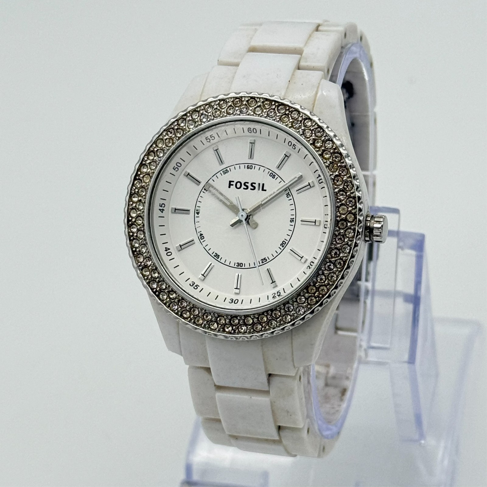 Ladies FOSSIL Stella Glitz Crystal Accent White Resin Bracelet Watch, ES2444
