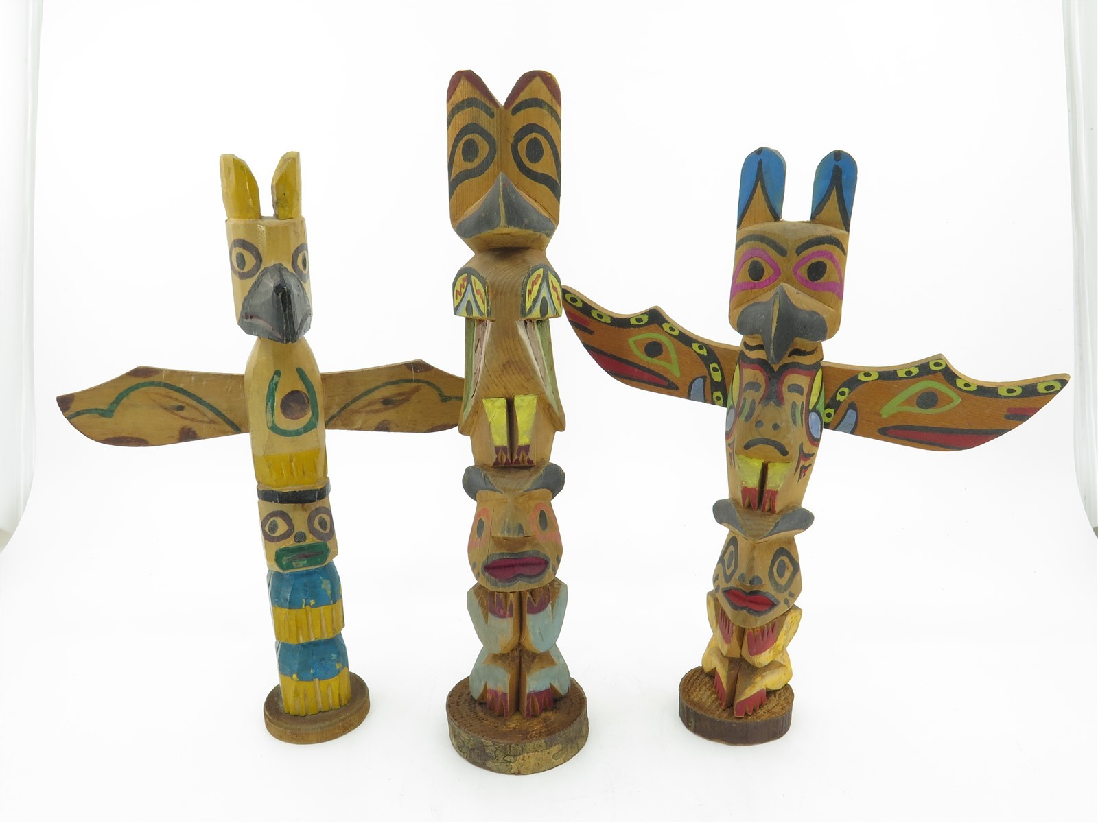 Collection of THREE Hand Carved & Painted Totem Poles from the 1950s 9.5 Collection of THREE Hand Carved & Painted Totem Poles from the 1950s 9.5