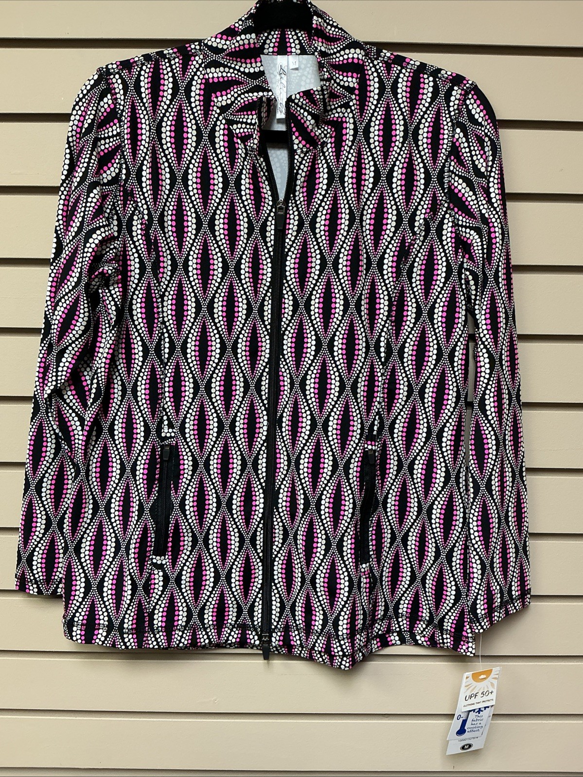 Lulu B Women’s Full 2 Way Zip Jacket Black Pink White Dots Wavy Pockets M NWT