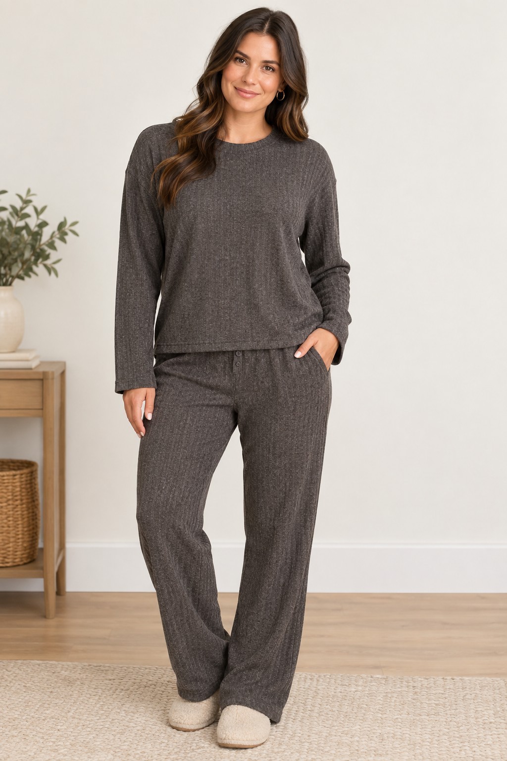 Berkshire Homewear Small Coffee Heathered Top & Pant Hacci Set A655741 NWOT