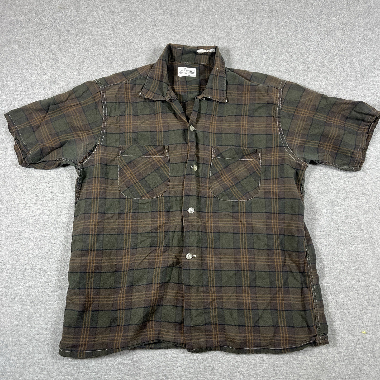 Vintage 50s Penney\'s Shirt Mens Medium Brown Button Up Loop Collar Plaid Cotton Vintage 50s Penney\'s Shirt Mens Medium Brown Button Up Loop Collar Plaid Cotton