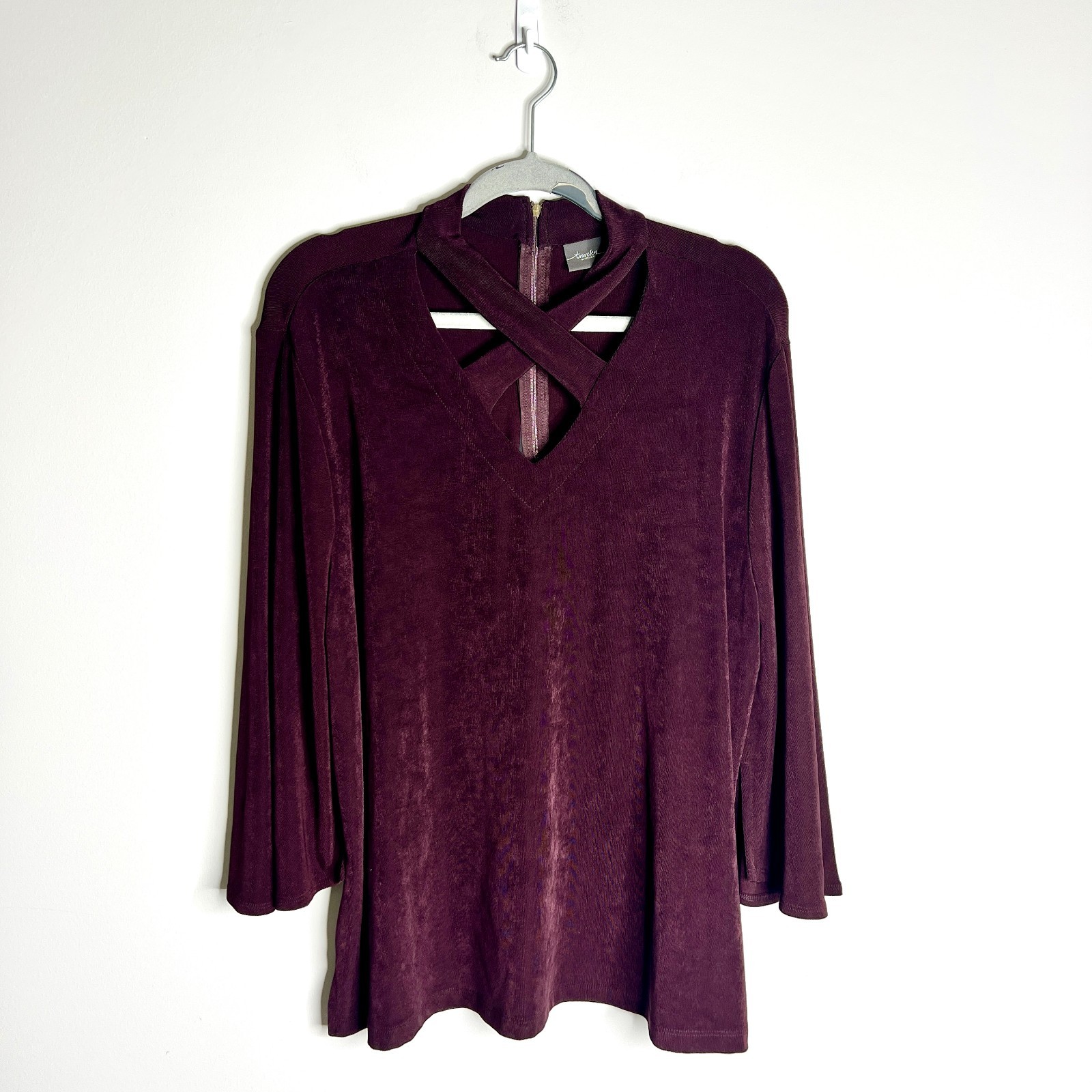 Chico\'s Travelers Deep Plum Purple Liquid Knit High Neck Sexy Blouse 3/4 Sleeve
