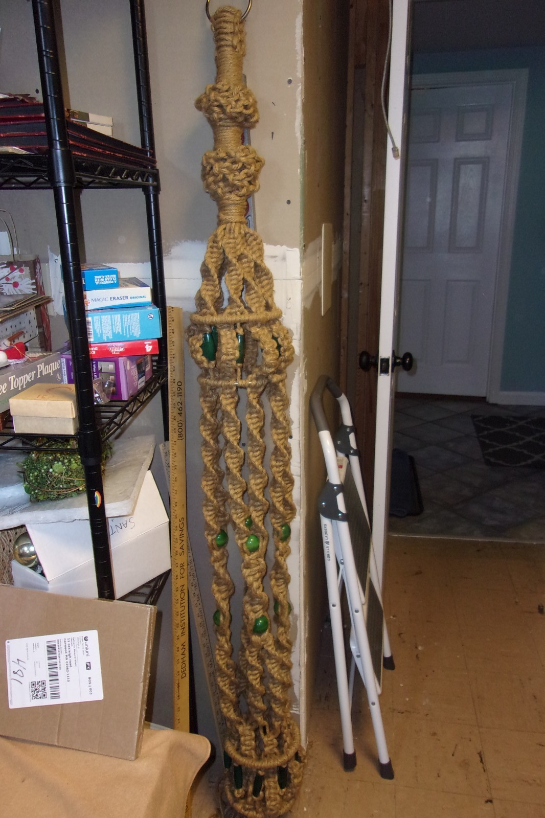 Vintage Macrame 70” Large Plant Hanger Green Beads