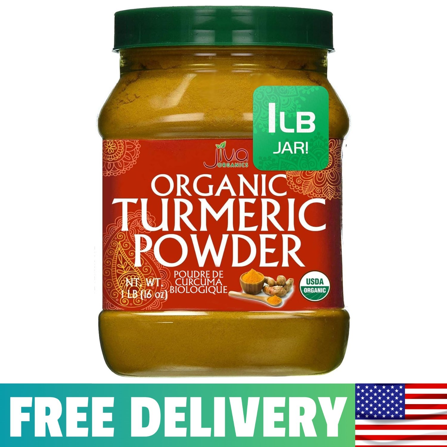 Organic Turmeric Powder 1 Pound Jar by Jiva Organics - 1 (Pack of 1)