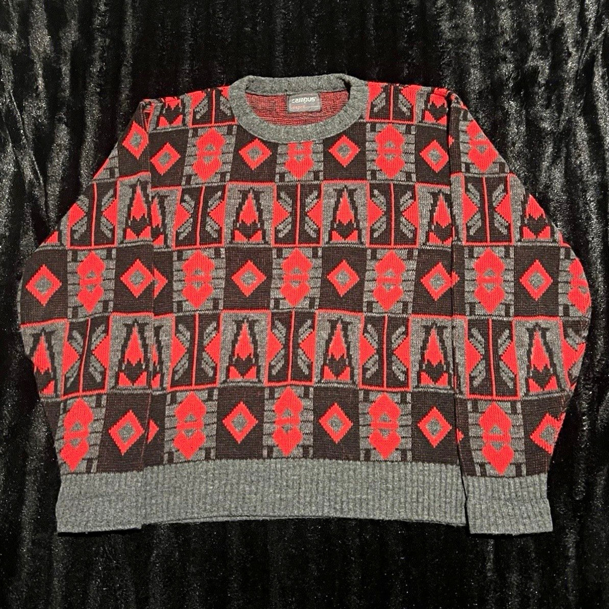 Vintage 90s Campus Esprit Mens Knit Crew Neck Geometric Sweater L Gray Red Black
