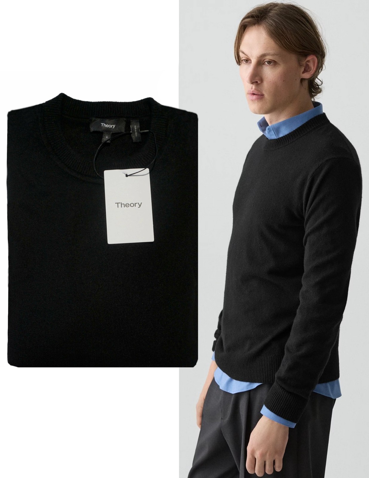 NWT THEORY Men\'s S Hilles Black Cashmere Crewneck Sweater