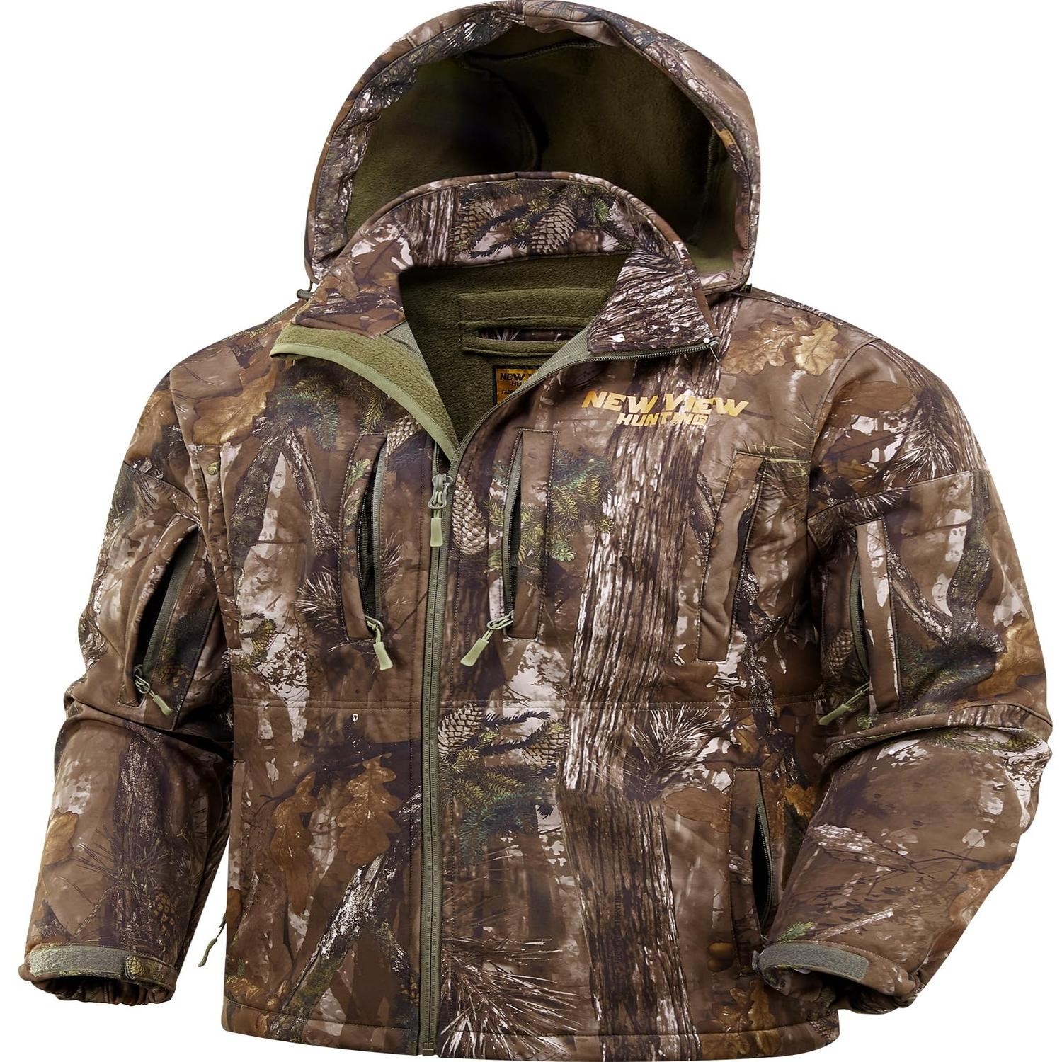 NEW VIEW Men's Camo Hunting Jacket Fleece Lined Hooded Quiet Water Resistant NEW VIEW Men's Camo Hunting Jacket Fleece Lined Hooded Quiet Water Resistant