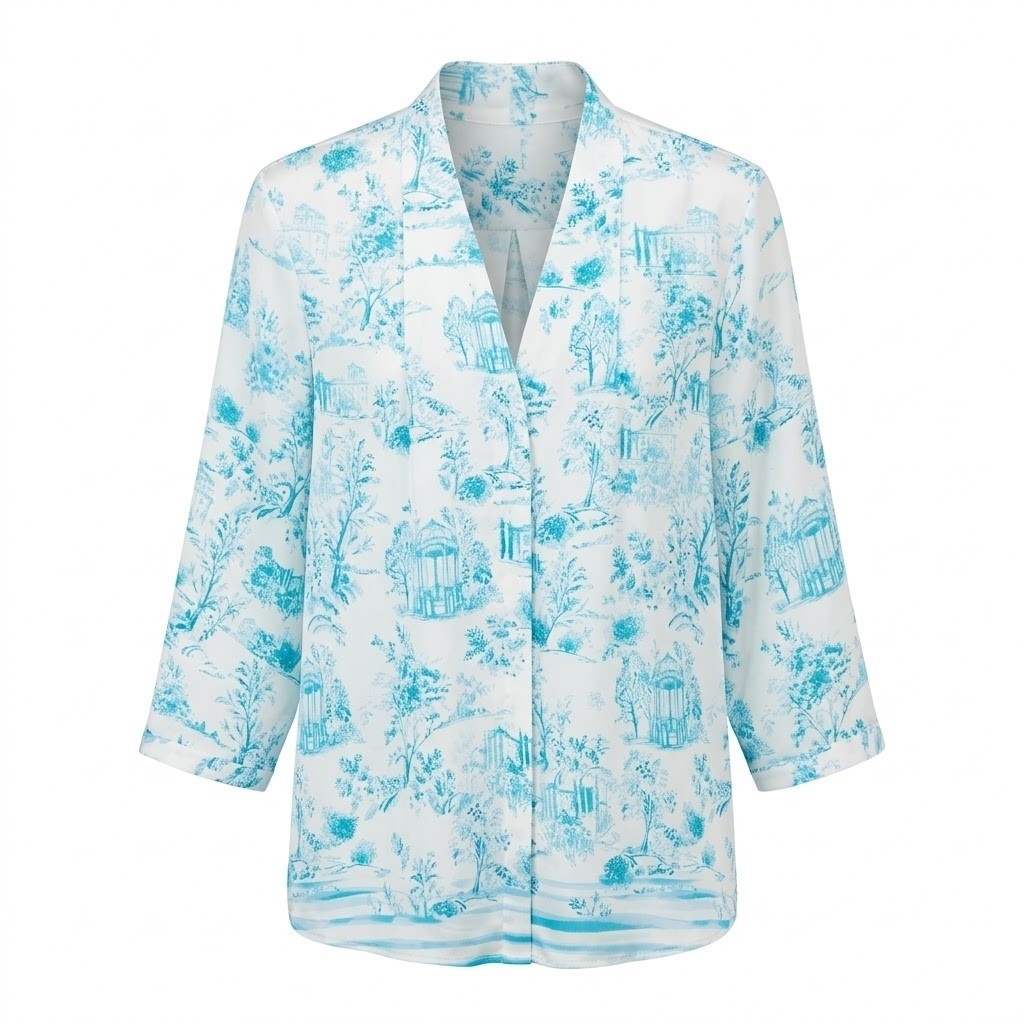 NEW Investments Woman Caroline 2X Blue White Painted Toile 3/4 Sleeve Blouse