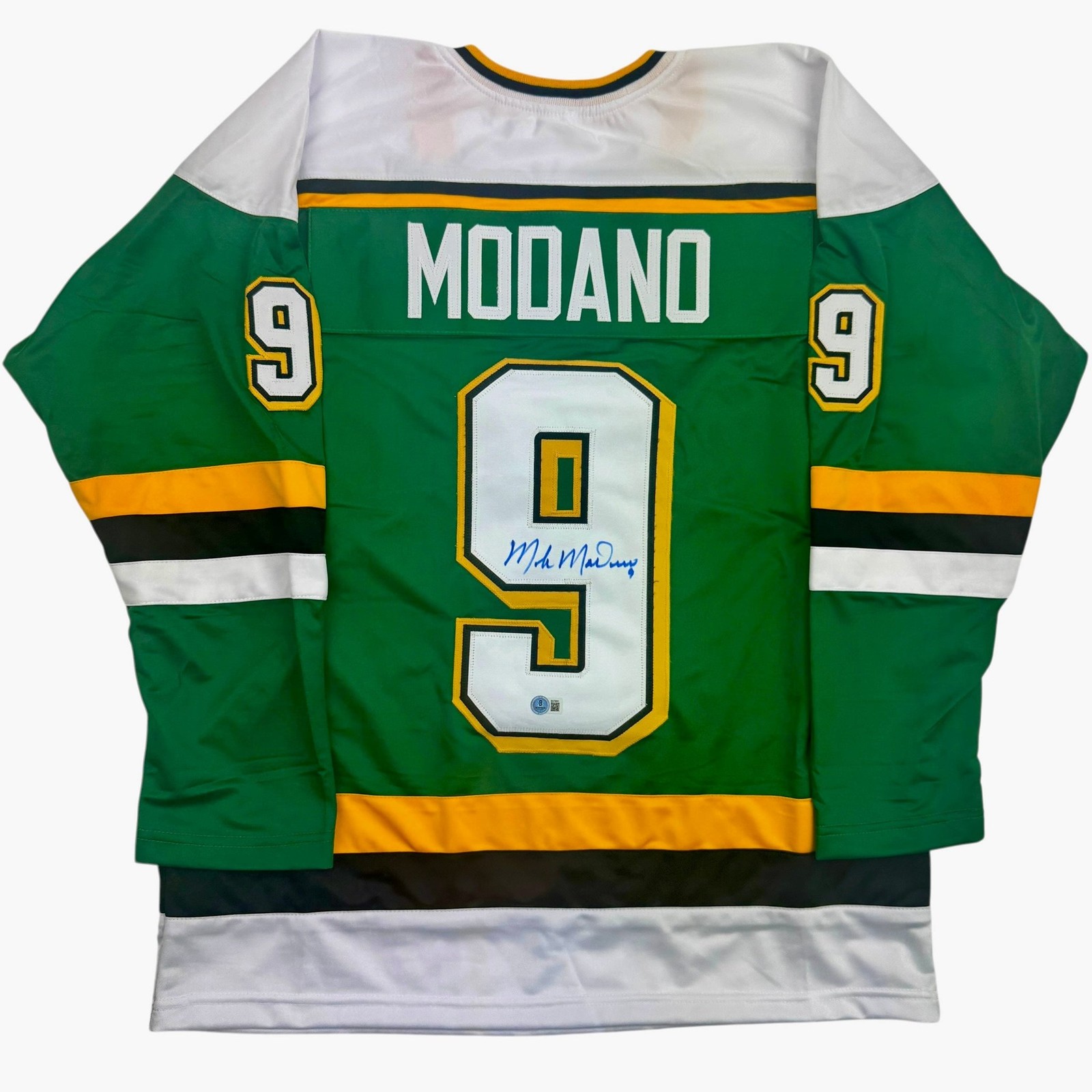 Autographed/Signed Mike Modano HOF 2014 Minnesota Green Jersey Beckett COA