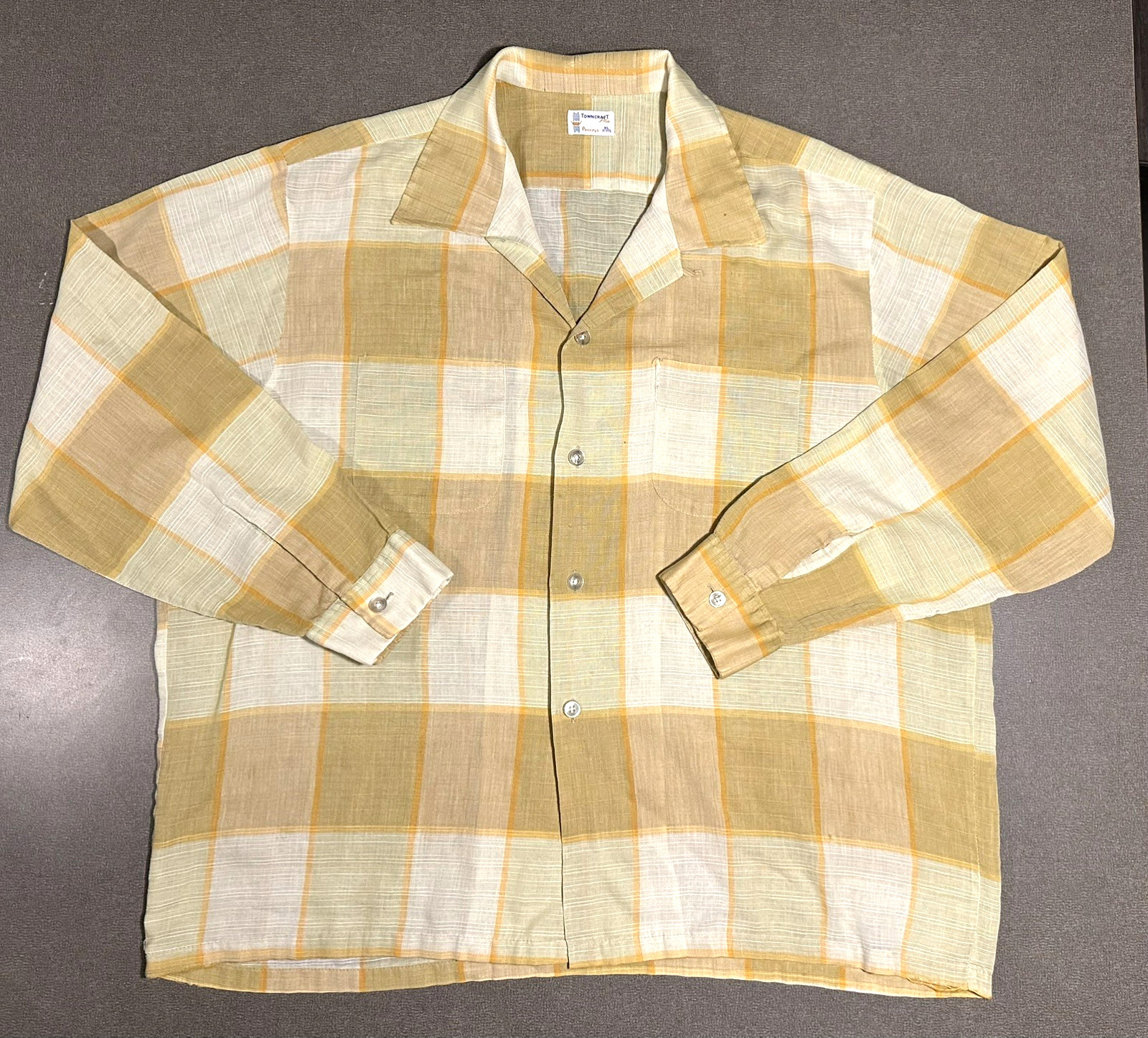 VTG 60s Penneys Towncraft Plus Loop Collar Plaid Shirt XL Gold Yellow Boxy