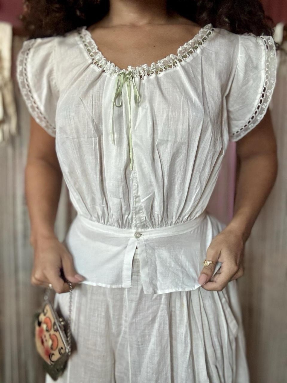 Antique Edwardian Cotton Corset Cover with Ribbon Trim, Size XXS-XS