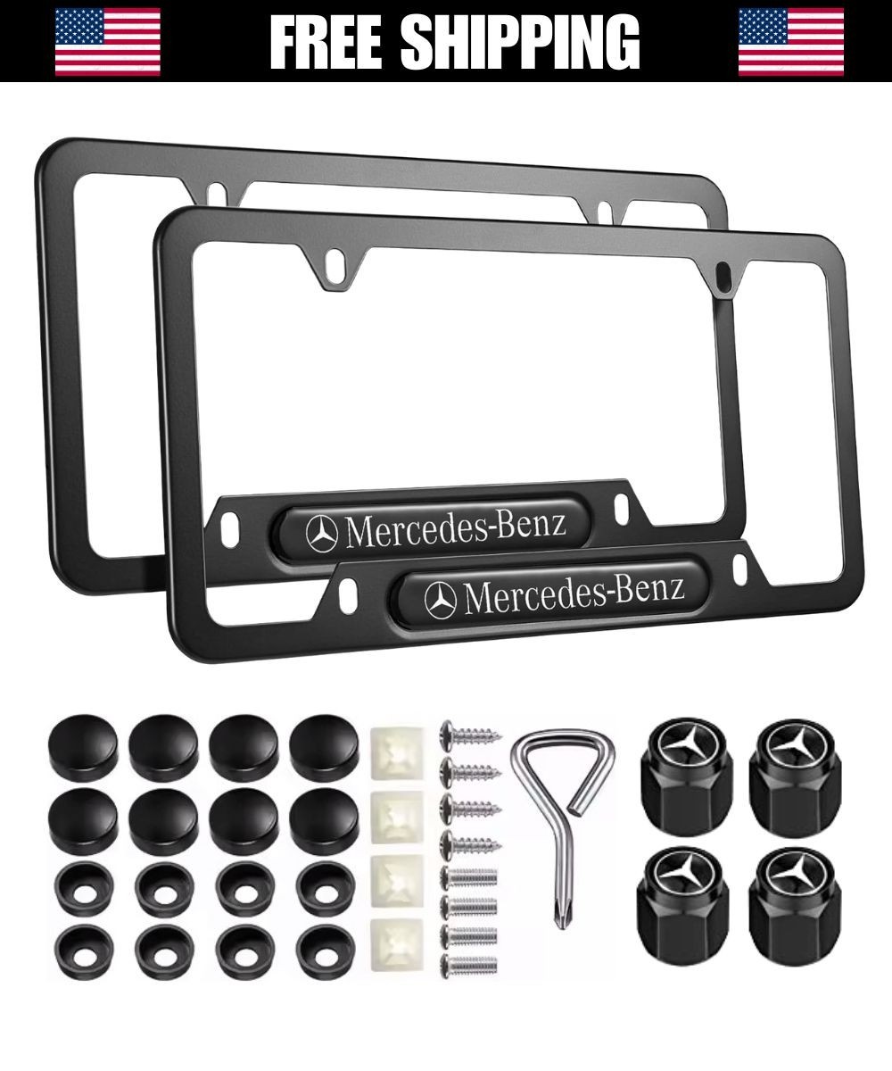 Mercedes MB License Plate Frame (Black Aluminum) - 2 Pc Set  + 4 Valve Stem Caps