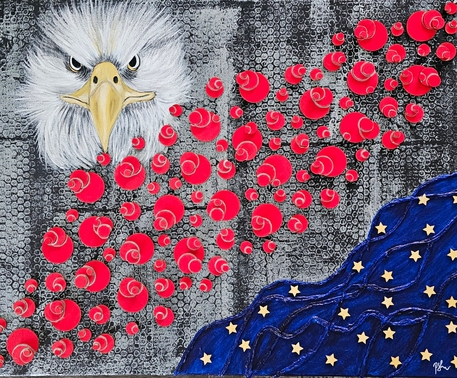 H.J. Bald Eagle & American Flag Original Signed OOAK Contemporary Painting