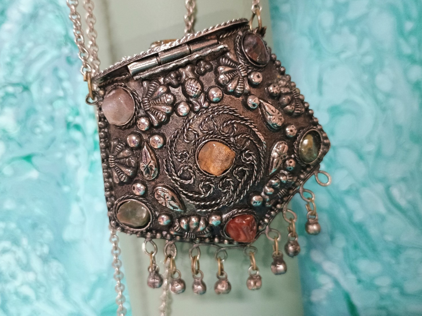 VTG Sajai Metal Purse Coin Bag with Agate Stones Metal Fringe India (As is)