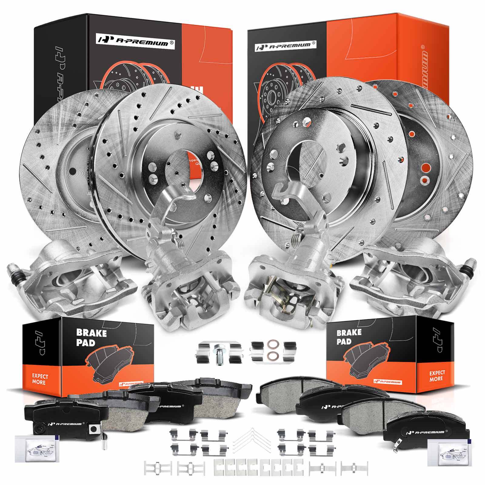 A-Premium 16x Drilled Rotors&Brake Pads + Brake Caliper Front& Rear for Honda